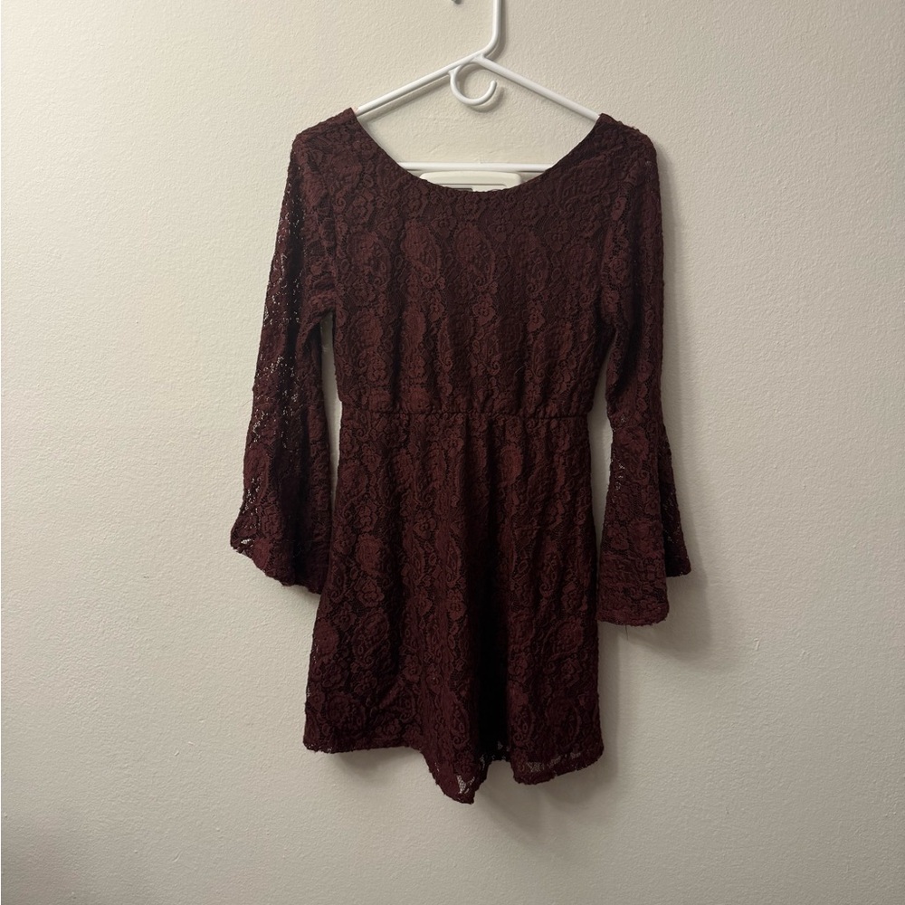 Maroon Lace Mini Dress with Bell Sleeves
